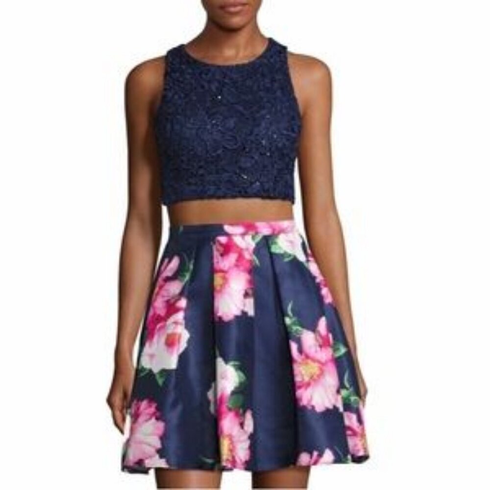 My Michelle Navy Blue Sequin Lace Crop Top & Floral Poof Skirt Set Juniors Sz 13